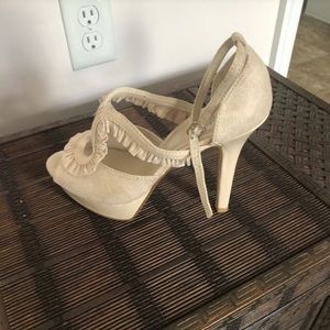 Tan suede open front heel